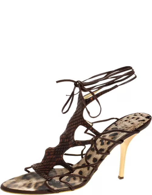 Roberto Cavalli Brown Python Lace Up Ankle Tie Sandal