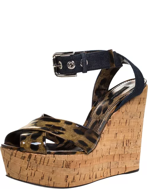 Dolce & Gabbana Leopard Print Patent Leather And Blue Denim Cork Wedge Platform Sandal