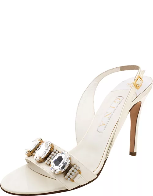 Gina White Leather Crystal Embellished Slingback Sandal
