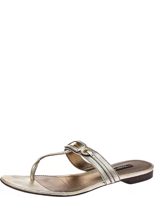 Dolce & Gabbana Metallic Gold Leather Thong Slide Sandal
