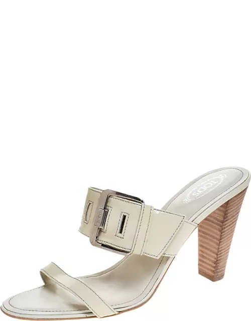Tod's White Patent Leather Peggy Buckle Slide Sandal