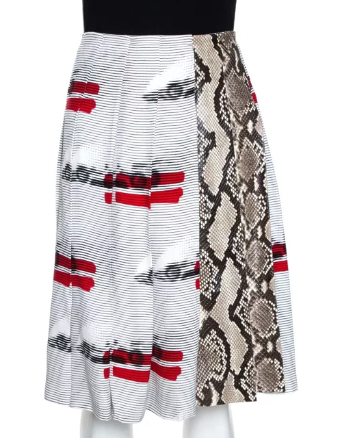 Prada White Printed Crepe Python Skin Trim Pleated Skirt