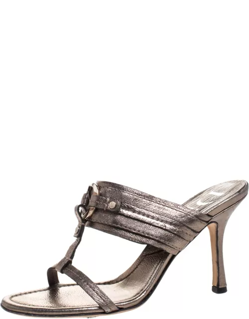 Dior Metallic Leather T Strap Slide Sandal