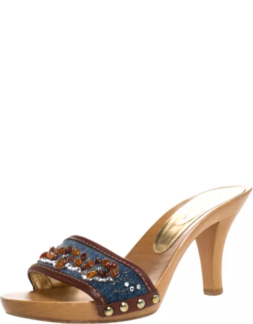 Dolce & Gabbana Blue/Brown Denim And Leather Trim Embellished Slide Sandal