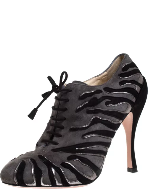 Prada Grey/Black Flame Detail Suede and Leather Lace Up Bootie