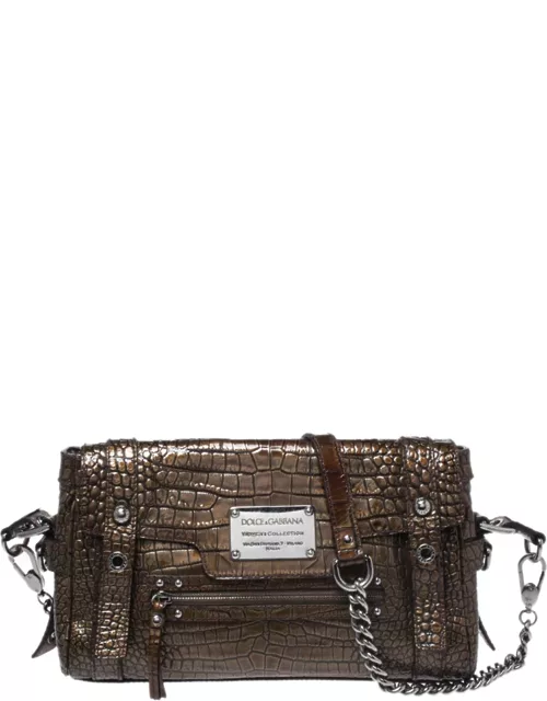 Dolce & Gabbana Brown Croc Embossed Patent Leather Miss Easy Way Shoulder Bag