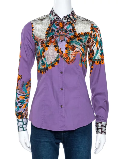 Etro Purple Floral Leaf Print Stretch Cotton Shirt