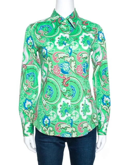 Etro Green Floral Paisley Print Stretch Cotton Shirt