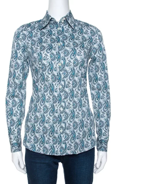 Etro Teal Blue Paisley Printed Stretch Cotton Shirt