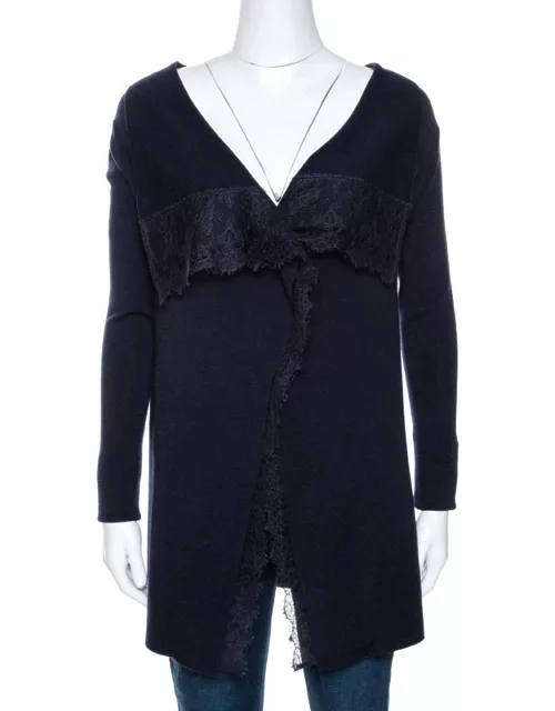 Valentino Navy Blue Knit Lace Trim Waterfall Front Cardigan