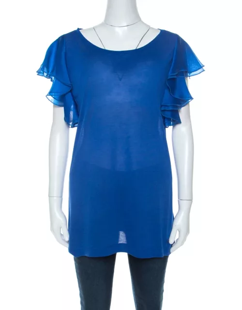 Gucci Blue Jersey and Silk Ruffled Sleeve Top