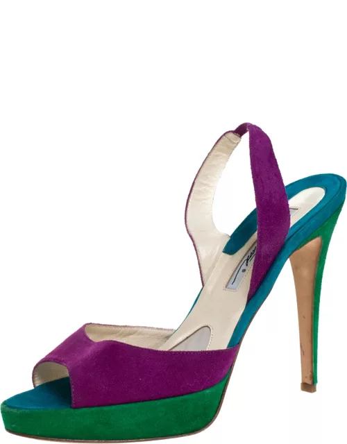 Brian Atwood Multicolor Suede Peep Toe Slingback Platform Sandal
