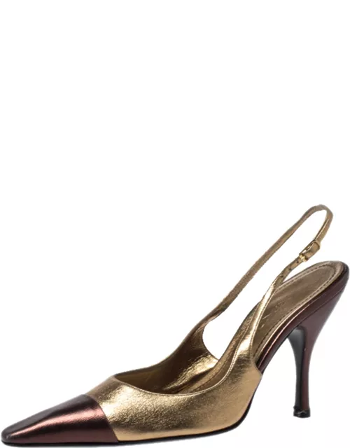 Casadei Metallic Gold/Brown Leather Pointed Toe Slingback Sandal