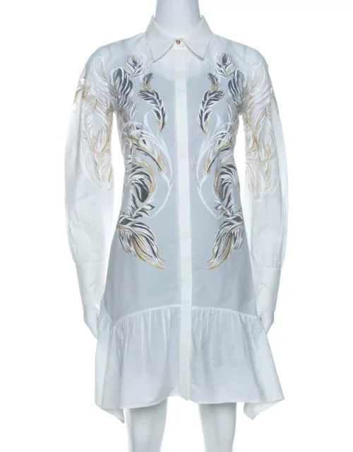 Roberto Cavalli White Brasso Feather Print Cotton Shirt Dress