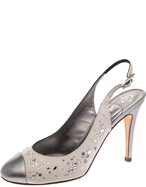 Gina Metallic Silver Satin and Leather Crystal Embellished Slingback Sandal
