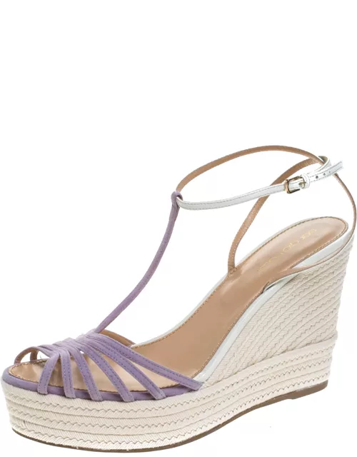 Sergio Rossi Lavender/White Suede and Leather T-Strap Wedge Sandal