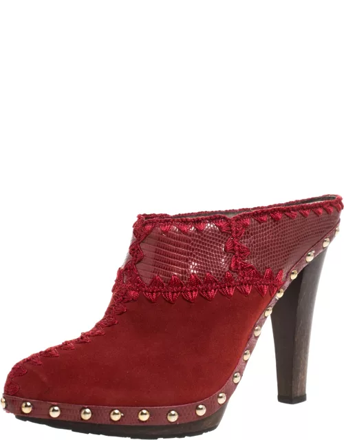 Sergio Rossi Red Wild Stitch Suede and Lizard Embossed Leather Clog