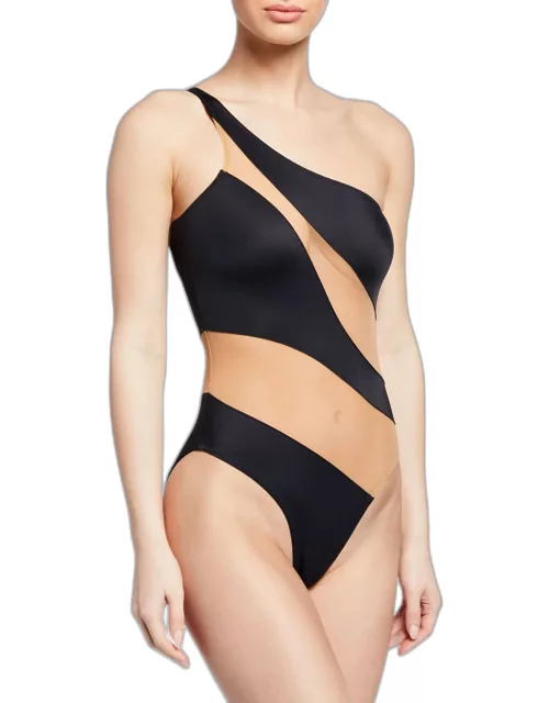 Snake Mesh One-Shoulder High-Cut One-Piece Swimsuit