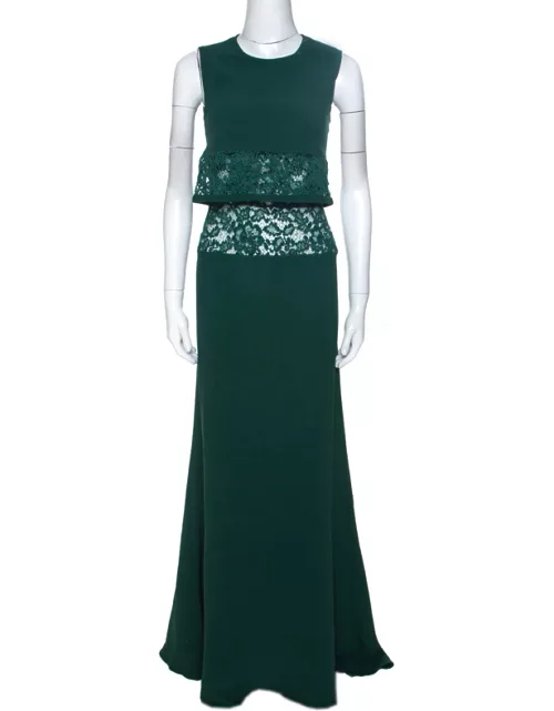 Elie Saab Green Crepe Lace Insert Sleeveless Maxi Dress