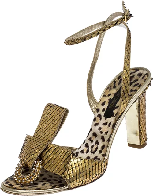 Roberto Cavalli Metallic Gold Python Leather Embellished Ankle Strap Sandal