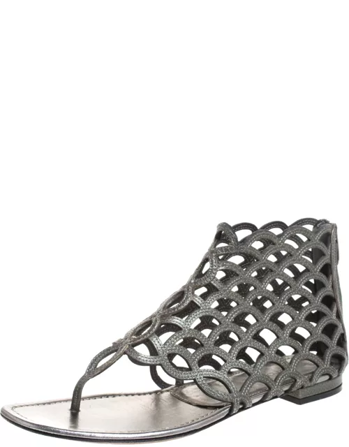 Sergio Rossi Metallic Grey Leather Cut Out Scalloped Flat Sandal