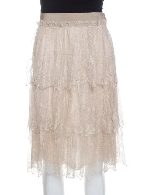 Valentino Beige Floral Tulle Tiered Skirt