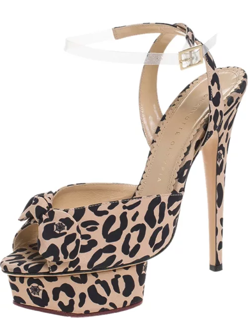Charlotte Olympia Beige Leopard Print Fabric Bow Platform Ankle Strap Sandal