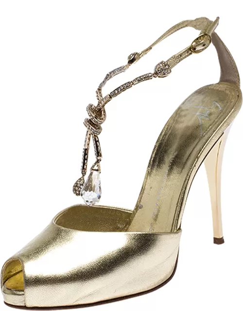 Giuseppe Zanotti Metallic Gold Leather Dangle Crystal Embellishment Sandal