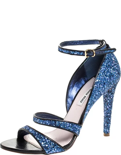 Miu Miu Metallic Blue Coarse Glitter Ankle Strap Sandal