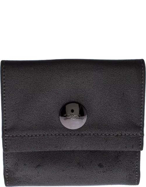 Longchamp Metallic Grey Leather Flap Button Compact Wallet