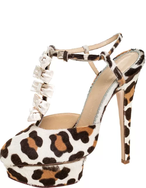 Charlotte Olympia Brown/White Leopard Print Calfhair and Satin Bow T-Strap Platform Sandal