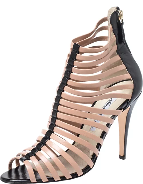 Brian Atwood Beige/Black Dolores Caged Strap Peep Toe Sandal