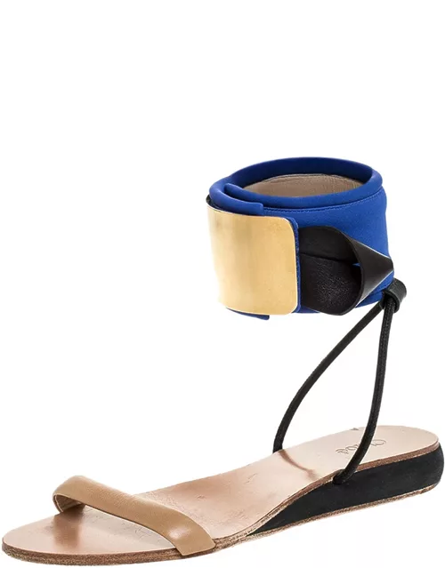Chloe Blue/Beige Leather And Nylon Ankle Cuff Flat Sandal