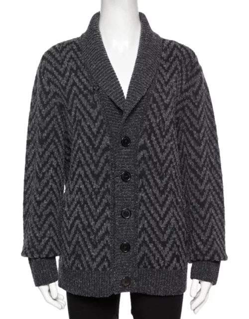 Missoni Grey Chevron Knit Wool Shawl Collar Cardigan