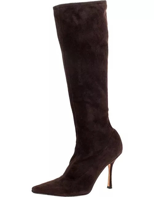 Jimmy Choo Brown Suede Leather Knee Length Pointed Toe Boot