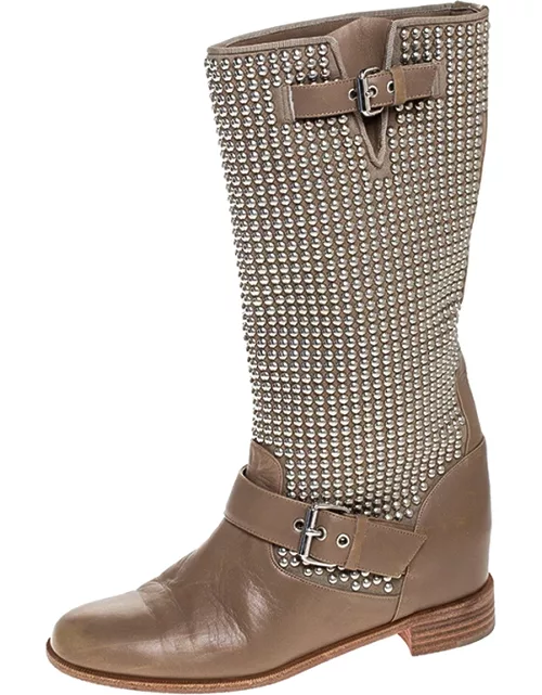 Christian Louboutin Beige Leather Studded Buckle Detail Mid Calf Boot