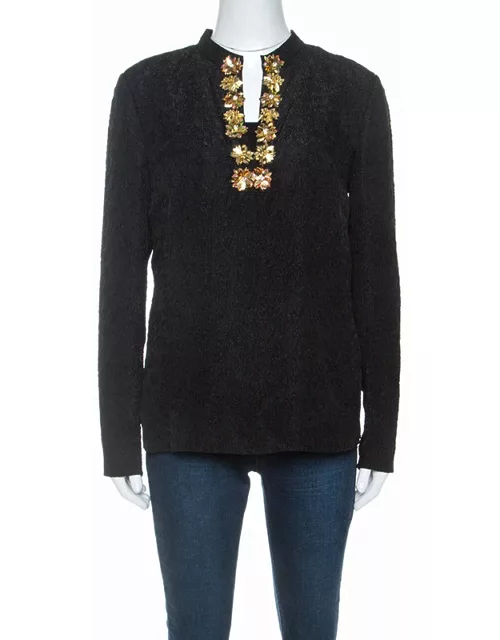 Tory Burch Black Embossed Silk Embellished Tunic Top