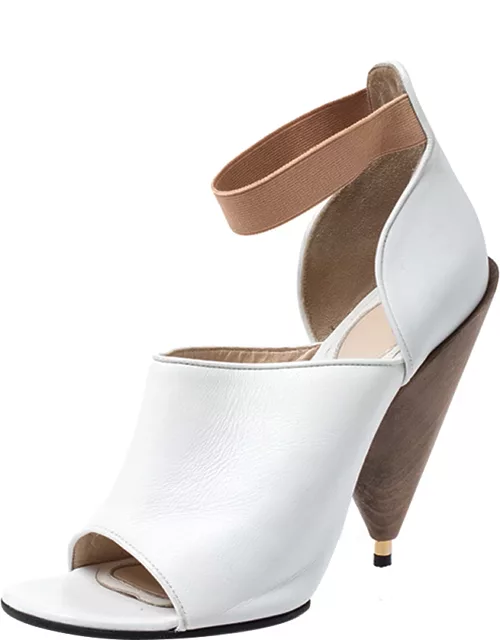 Givenchy White/Beige Leather Cone Heel Ankle Strap Sandal