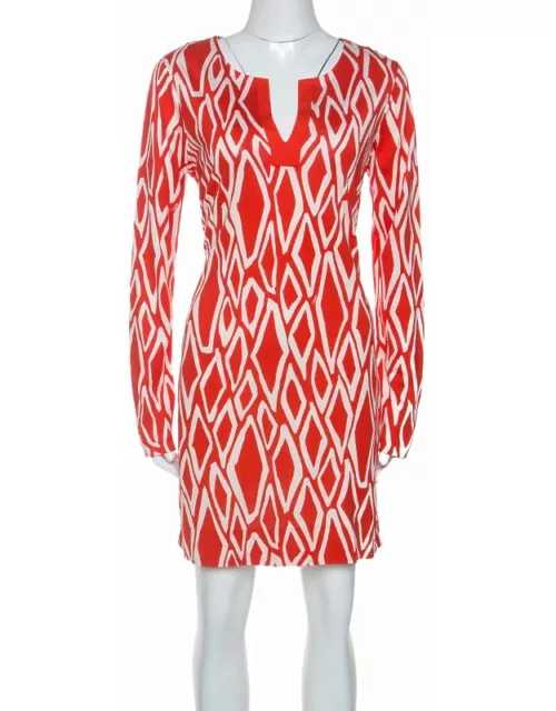 Diane Von Furstenberg Coral Red Ikat Print Silk Reina Long Sleeve Dress