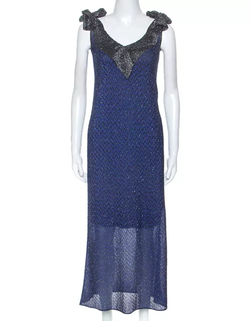 M Missioni Blue Metallic Knit Tie Shoulder Detail Maxi Dress
