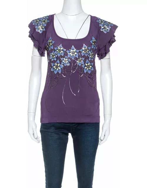 Just Cavalli Purple Stretch jersey Floral Embossed Detail Top