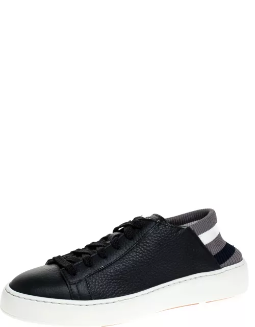 Santoni Dark Blue Leather and Elastic Band Lace Low Top Sneaker