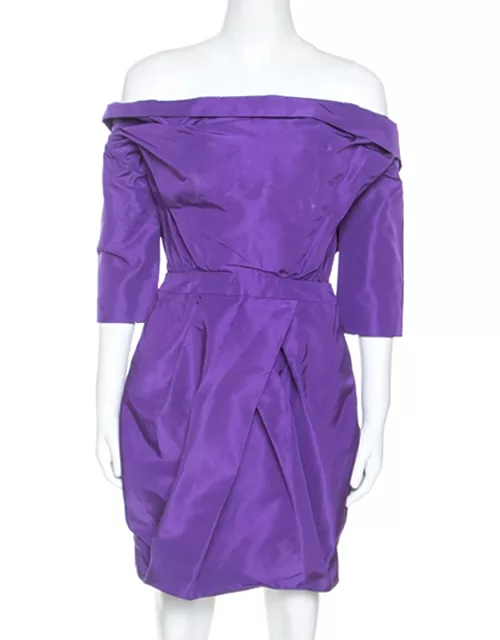 Vera Wang Purple Silk Crystal Embellished Off Shoulder Dress