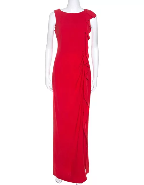 CH Carolina Herrera Red Crepe Ruffle Detail Sleeveless Maxi Dress