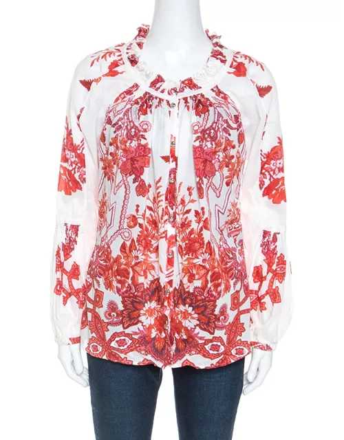Roberto Cavalli Off White Floral Printed Ruched Detail Shirt