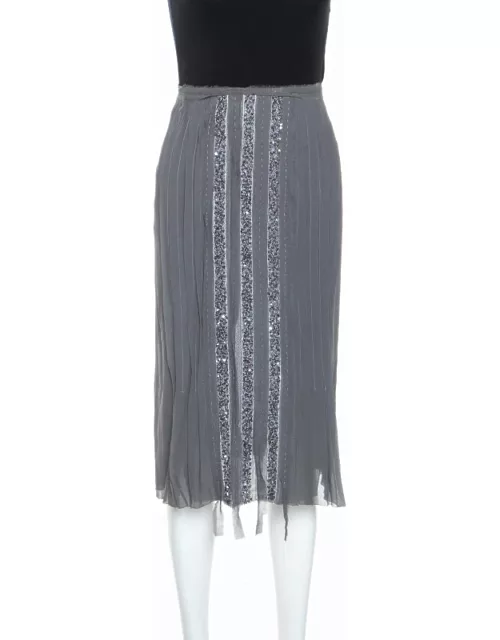 Alberta Ferretti Grey Silk Sequin Embellished Pleated Midi Skirt
