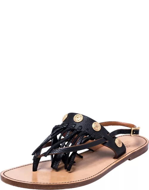 Valentino Black Leather Fringed Coin Detail Thong Flat Sandal