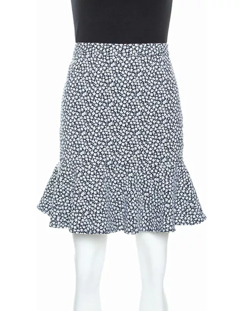 Paul and Joe Navy and White Floral Knit Cotton Blend Ruffle Hem Skirt