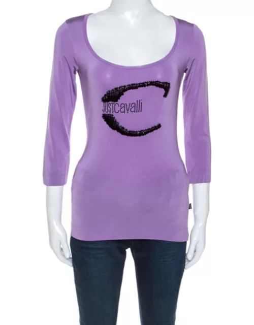 Roberto Cavalli Lilac Jersey Embellished Logo Scoop Neck Top