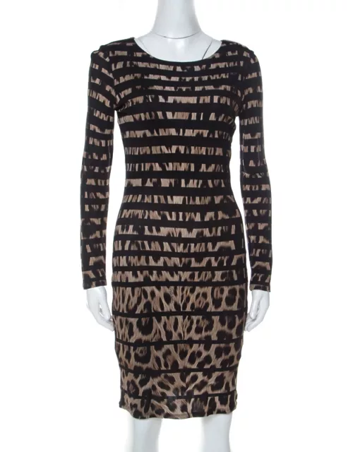 Roberto Cavalli Black Leopard and Stripe Print Stretch Long Sleeve Dress